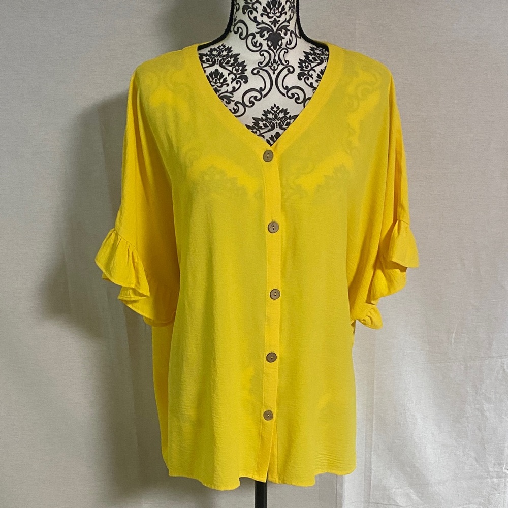 ODDY Sunshine Yellow Button-Down V-Neck Ruffle Sleeve Shirt Fits oversized